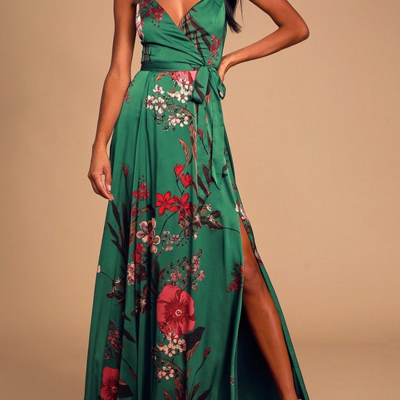 Lulu's Still the One Emerald Green Floral Print Satin Maxi Dress - Picture 1 of 3